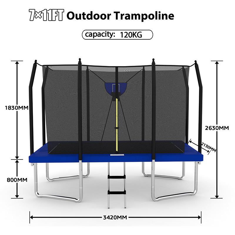 7x11ft Rectangular Trampoline with Safety Enclosure Black FREE Ladder & Basketball Game