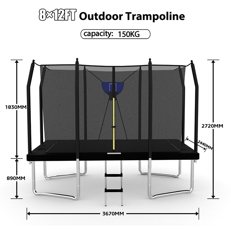 8x12ft Rectangular Trampoline with Safety Enclosure Black FREE Ladder & Basketball Game