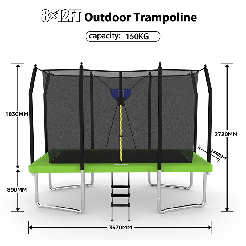 Big Air Bounce 8x12ft Rectangular Trampoline with Safety Enclosure Green FREE Ladder & Basketball Game