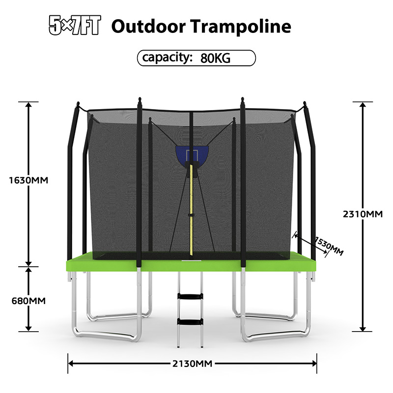 5x7ft Rectangular Trampoline with Safety Enclosure Green FREE Ladder & Basketball Game