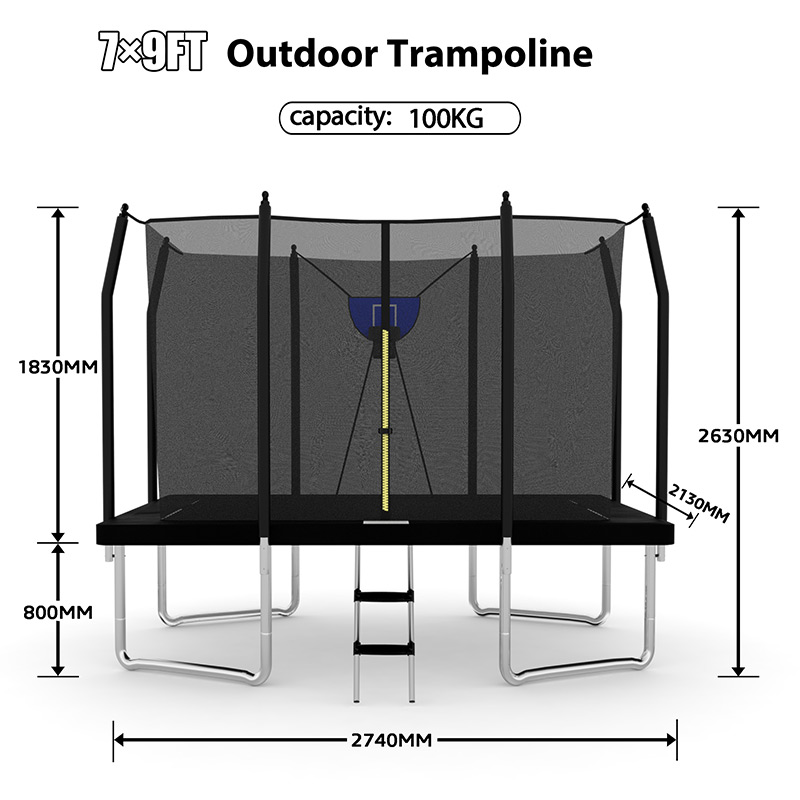 7x 9ft Rectangular Trampoline with Safety Enclosure Black FREE Ladder & Basketball Game