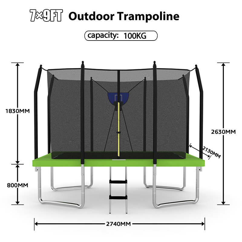 7x 9ft Rectangular Trampoline with Safety Enclosure Green FREE Ladder & Basketball Game