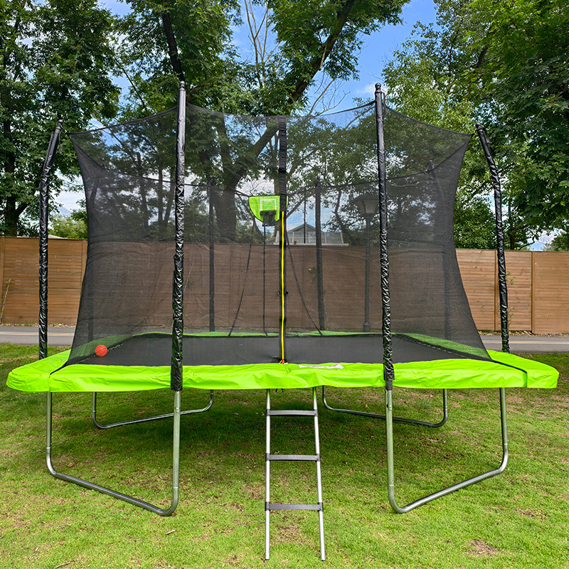 10x12ft Rectangular Trampoline with Safety Enclosure Green FREE Ladder & Basketball Game