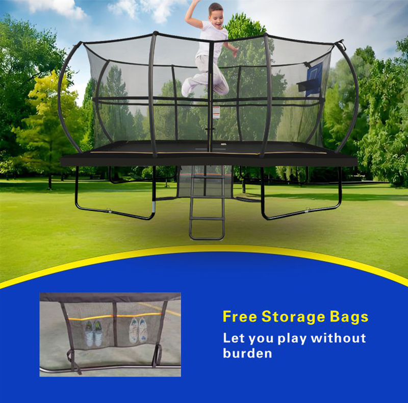 8x12ft Rectangular Powder Coated Trampoline with Safety Enclosure Black - Free Ladder Shoe Tidy Anchor Kit Basketball