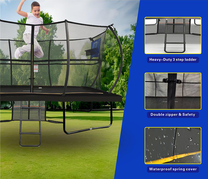 8x12ft Rectangular Powder Coated Trampoline with Safety Enclosure Black - Free Ladder Shoe Tidy Anchor Kit Basketball