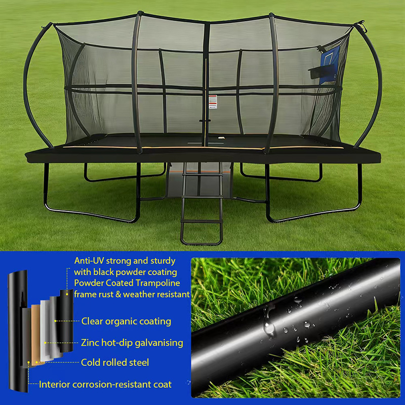 8x12ft Rectangular Powder Coated Trampoline with Safety Enclosure Black - Free Ladder Shoe Tidy Anchor Kit Basketball