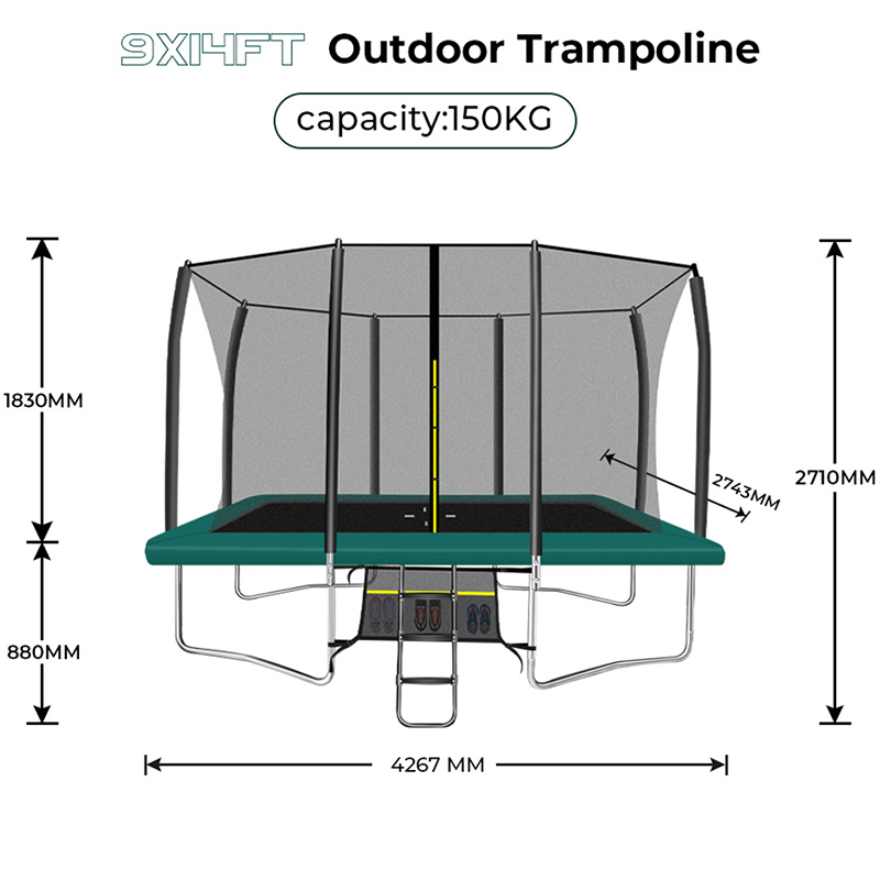 9x14ft Rectangular Trampoline with Safety Enclosure Green – Free Ladder & Shoe Tidy