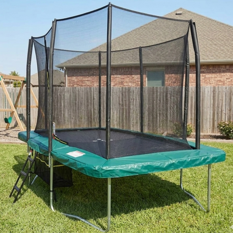 9x14ft Rectangular Trampoline with Safety Enclosure Green – Free Ladder & Shoe Tidy