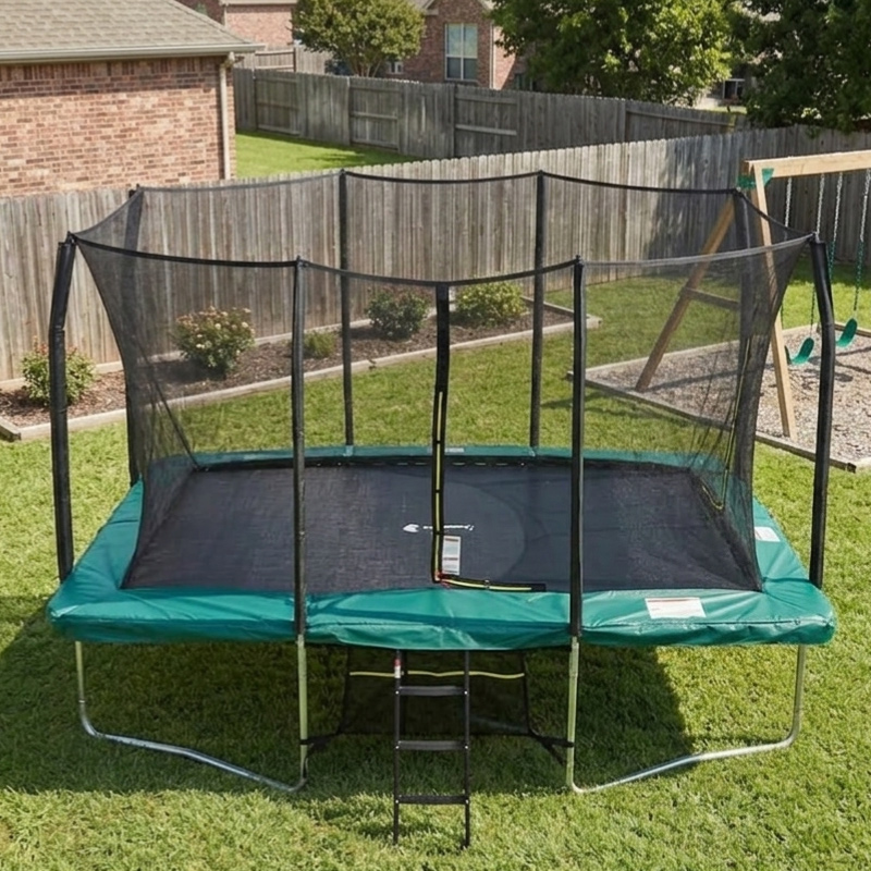8x12ft Rectangular Trampoline with Safety Enclosure Green – Free Ladder & Shoe Tidy